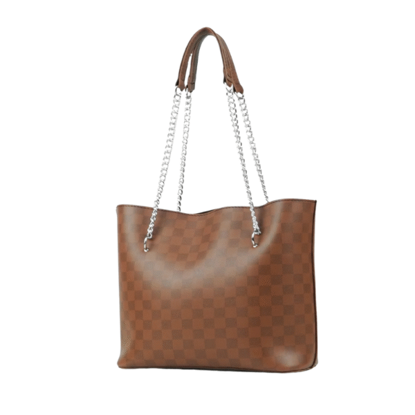 Brown Checkered Tote Hand Bag - Image 1
